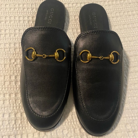 Black Leather Mules with Gold Accents - Picture 2 of 4